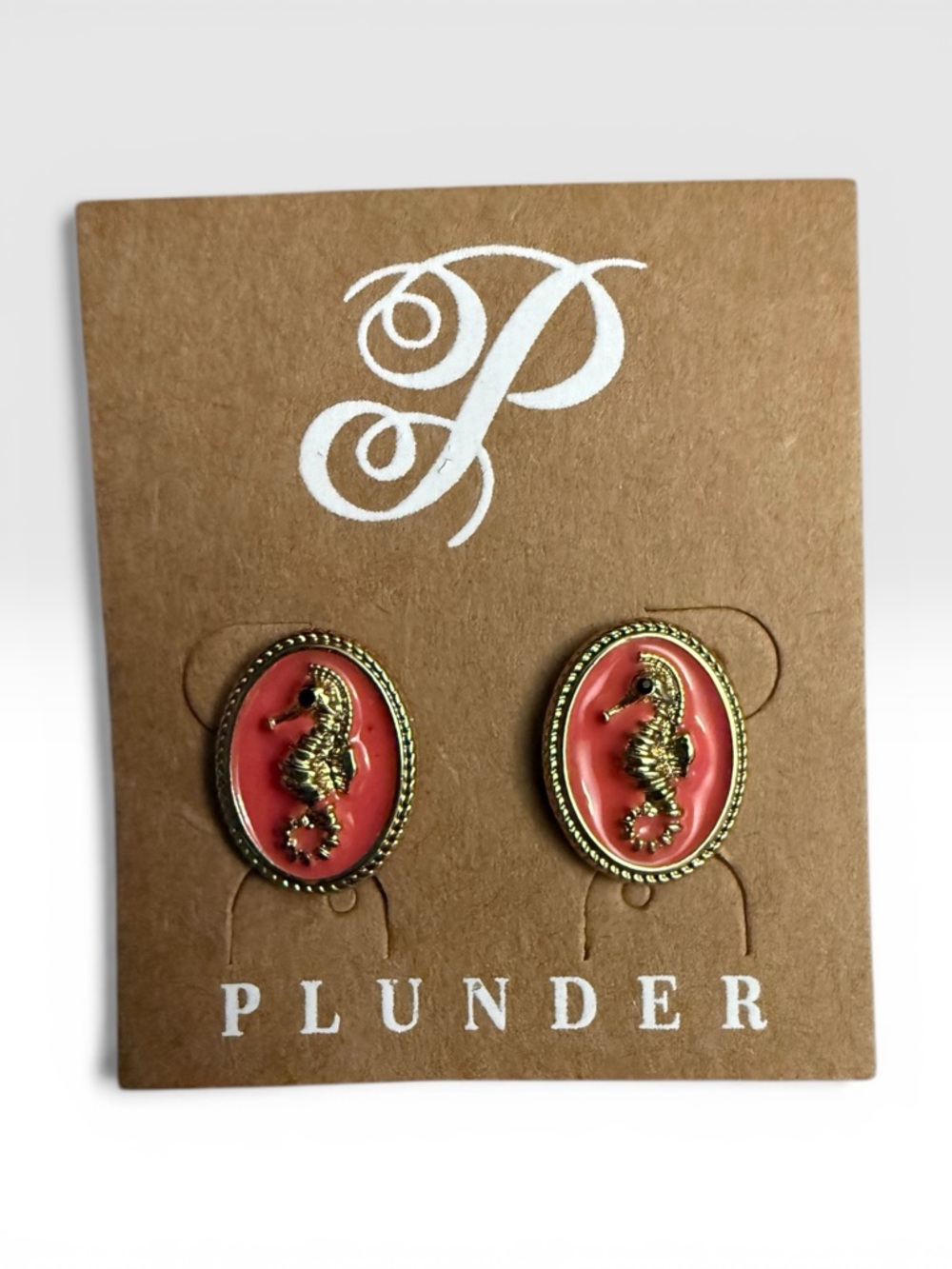 Plunder Coral and Gold Seahorse Oval Stud Earrings